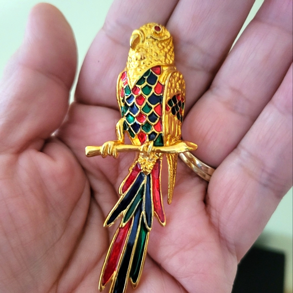 Parrot pin gold red and green 3" long #2409